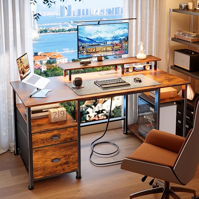 Furologee 51" Computer Desk with Outlets & LED, Desk with Drawers, Brown | Reversible Computer Desk for Office, AC Outlets & USB, Drawer & File Cabinet, Ergonomic Monitor Stand, Adjustable Shelf