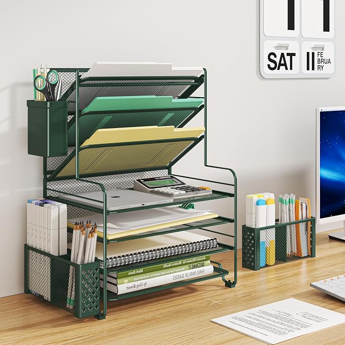 Simple Trending 7 Tier Desk File Organizer, Letter Tray Paper Organizer with Pen Holder and Metal Hanging Basket, Green