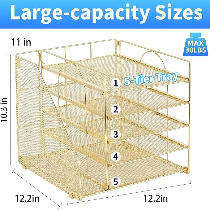 Desk Organizer, 5-Tier Paper Organizer Letter Tray, Gold | Desk Organizers and Accessories, Office Desk Accessories & Workspace Organizers, Desktop File Organizer for Office Supplies