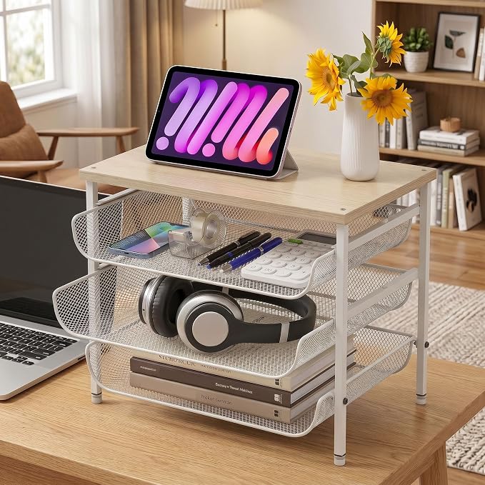 4-Tier Printer Stand for Desk with Storage Drawer Wooden Top Printer Shelf Metal Desktop Organizer Paper Organizer Printer Table for Home Office Accessories White