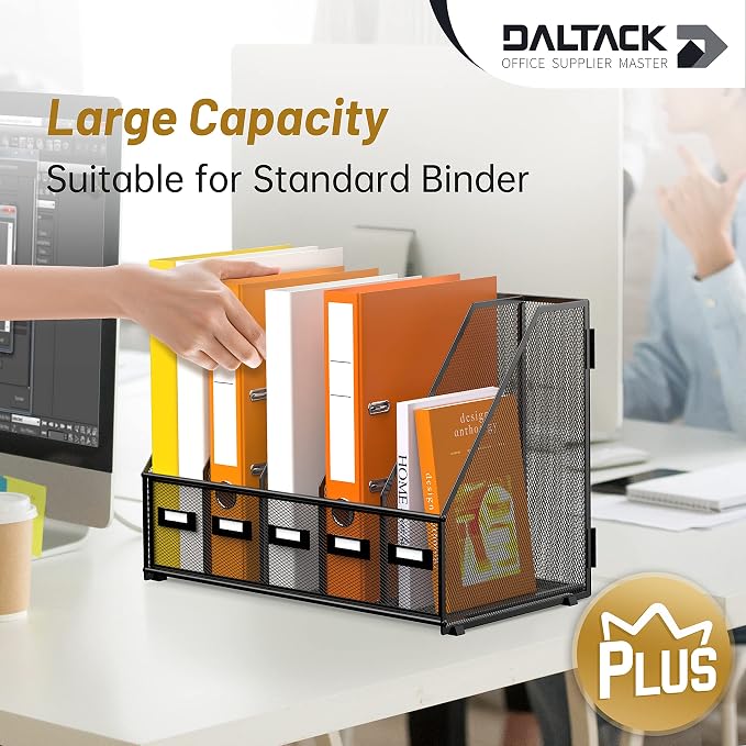 DALTACK 5-Slot Magazine File Holder, Metal Binder Holder, Black | Iron Mesh Construction, Labeled Sections for Easy Sorting, Anti-Slip Feet, Binder and Folder Storage for Office, Classroom