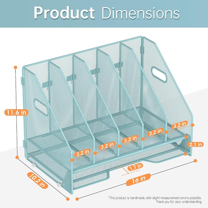 Docnest Mesh Desk File Organizer, 5 Vertical Compartment Box Sorter, Blue | Features 4 removable middle dividers for custom spacing and a bottom letter tray to hold paper, mail, and documents