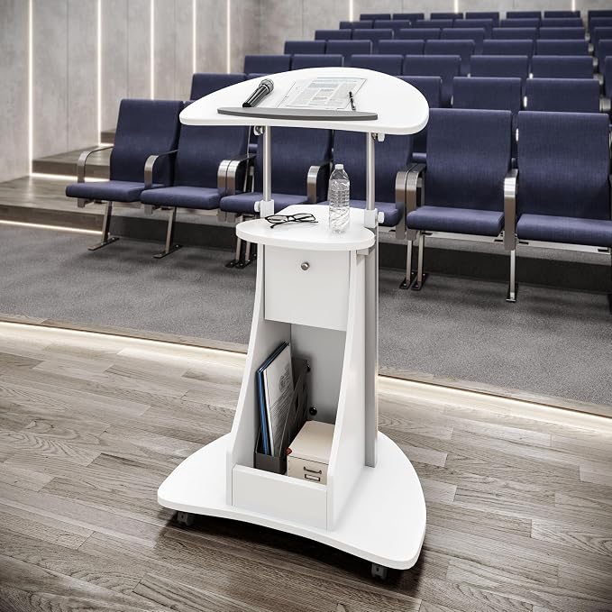 Techni Mobili Adjustable Height Rolling Laptop Cart with Storage, White | Adjustable Height Rolling Laptop Cart with Tilting Top, Storage Shelf, Locking Wheels, Sit to Stand Desk, Mobile Podium,White