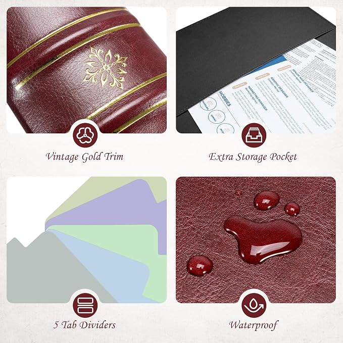Ospelelf Vintage 3 Ring Binder 2 Inch,Leather D Ring Binder with Pockets and 5 Tab Dividers, Hardback Book Style Document Organizer Fits Letter Size for Home and Office Burgundy