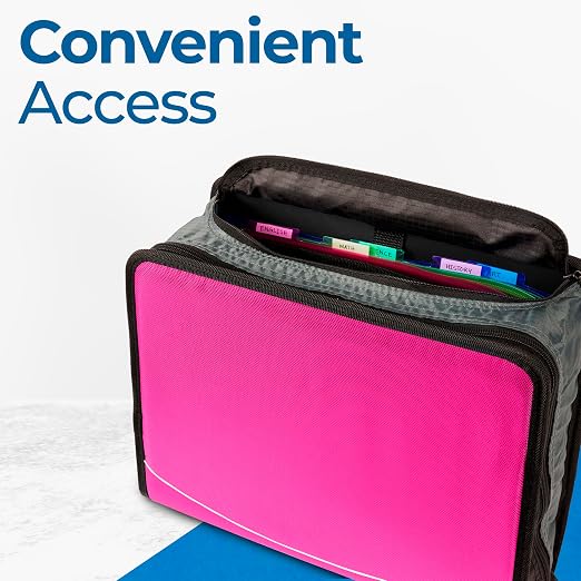 Case-it King Sized Zip Tab School Zipper Binder | 4-Inch D-Rings, 800 Sheet Capacity, 5-Subject Expanding File Folder, Multiple Pockets & Storage Organizer, Shoulder Strap | D-186 Magenta (Pack of 4)