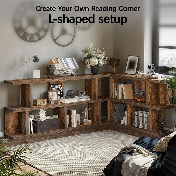 TIQLAB 63 Inch Bookshelf, Open Bookcase with Storage Shelves, Rustic Brown | horizontal book shelf low book case, for bedroom office study room, display rack shelving unit, console table behind couch