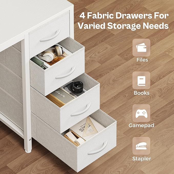 Huuger 47 inch Computer Desk with Power Outlets & 4 Drawers | Gaming Desk with LED Lights, Home Office Desk with Large Storage Space for Bedroom, Work from Home, White