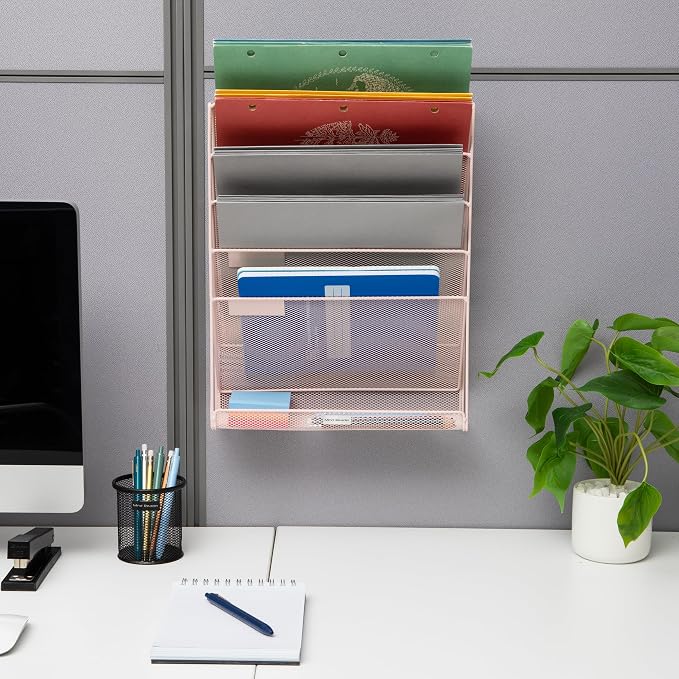 Mind Reader 5-Tier Vertical File Storage, Desktop Organizer, Wall Mount, Office, Metal Mesh, 12.75" L x 4" W x 16" H, Pink (Pack of 4)