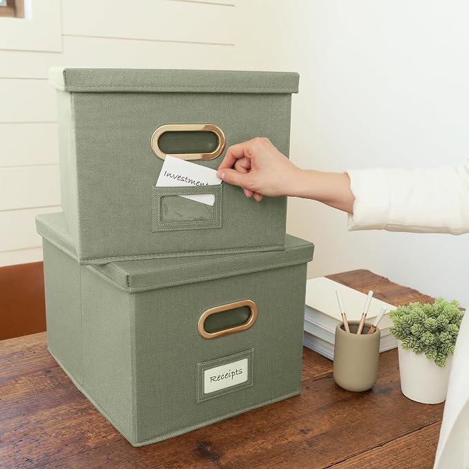 Decorative File Organizer Box Set of 2 - Collapsible Linen Filing Cabinets | Stores Documents and Hanging File Folders - Portable Office Crates with Lid and Handles for Easy Slide Access