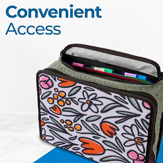 Case-it School Zipper Binder | 3" O-Rings | 600-Sheet | D-146 Fun Flowers | Mighty Zip Tab, 5-Subject Expanding File Folder, Multiple Pockets, Storage Organizer, Shoulder Strap, Office