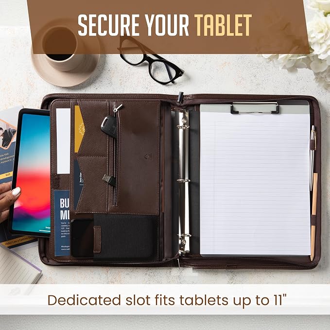 STYLIO Zipper Portfolio | Padfolio 3 Ring Binder (1") and Clipboard Folio (Removable) | Portfolio Organizer for Documents, Tablet, Phone |Faux Leather Binder for Men and Women | Walnut (Brown) Color