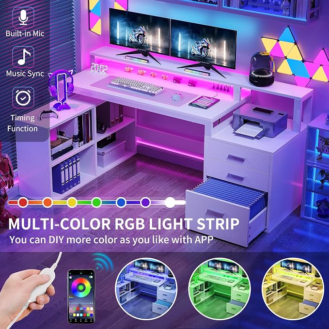 YITAHOME L Shaped Desk with 3 Drawers | 65" Corner Computer Desk with Power Outlets & LED Lights, L-Shaped Desk with File Cabinet & Printer Stand for Home Office