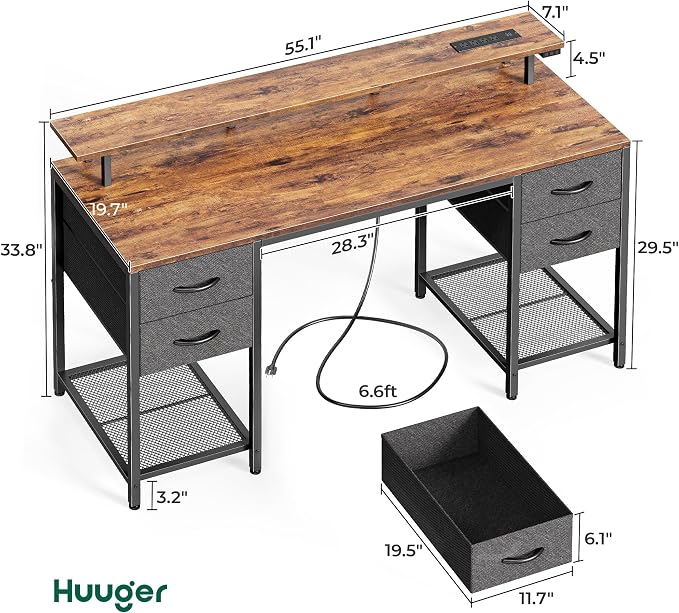 Huuger 55 inch Computer Desk with Power Outlets & 4 Drawers | Gaming Desk with LED Lights, Home Office Desk with Storage Space for Bedroom, Work from Home, Rustic Brown