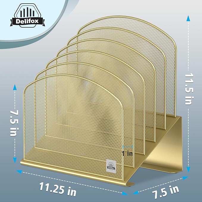 Delifox Inclined Desk File Organizer,Vertical File Folder Holder Stand Metal Rack File Sorter for Office Classroom Desktop Organization (2, Gold, 5)