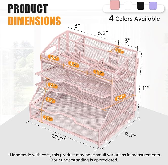 YINGHUA 5-Tier Mesh Desk Organizer, Letter Tray - Pink | Sturdy steel mesh with 3 sliding trays, 2 handles, 6 adjustable top sections. U-shaped design for easy access to office files
