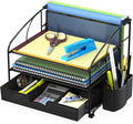 Simple Houseware 3-Tier Desk Organizer with Sliding Drawer, Black | Hanging File Holder and Pen Holder Accessory