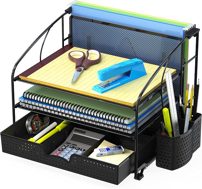 Simple Houseware 3-Tier Desk Organizer with Sliding Drawer, Black | Hanging File Holder and Pen Holder Accessory