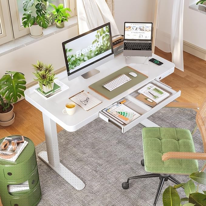 FLEXISPOT Comhar Electric Pure Glass Standing Desk with Drawer Desktop & USB Charge Ports, 48" Ergonomic Height Adjustable Sit to Stand Desk for Home Office (White, Glass)