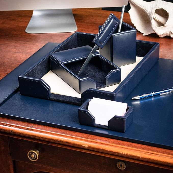 Dacasso Navy Blue 6-Piece Leather Desk Set, Bonded Leather, 30 x 18 x 4, DF-5001