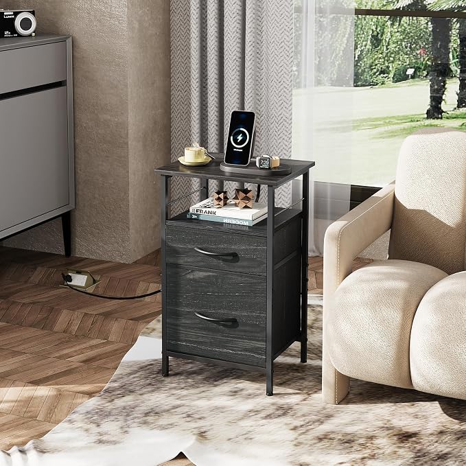 WLIVE Night Stand Set 2, Black Nightstand with Charging Station, Bedside Tables for Bedroom, Side Table with Fabric Drawers, USB Ports and Outlets