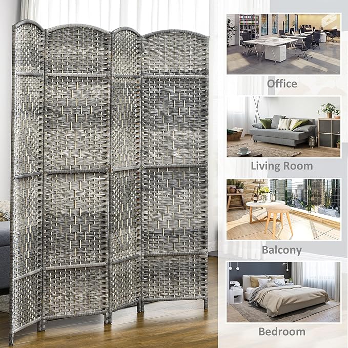 HOMCOM 6 Panel Room Divider, 6' Tall Folding Privacy Screen, Hand-Woven Freestanding Wall Partition for Home Office, Bedroom, Mixed Gray