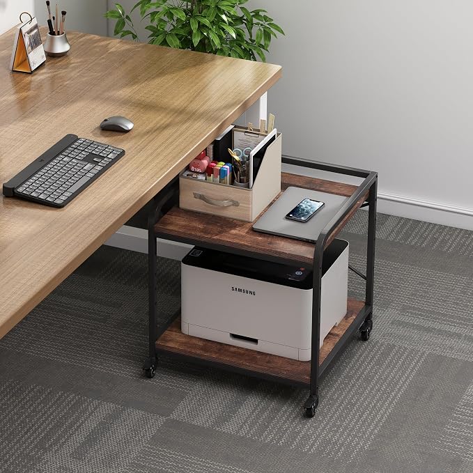 Fannova Large Size Under Desk Printer Stand, Height Adjustable Top Shelf | Table Top 20"x20", Fits 3D/Laser Printer, Heavy Duty Industrial Wheels, 2 Tier Rolling Cart Home Office Storage, Rustic Brown