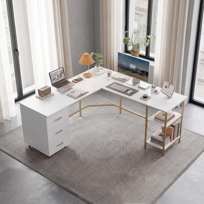 Techni Mobili 59" Two-Tone L‑Shaped Office Desk with Storage Shelves, Gold | 59" two‑tone L‑shaped desk with storage shelves, durable frame, modern corner workstation, spacious home office writing space