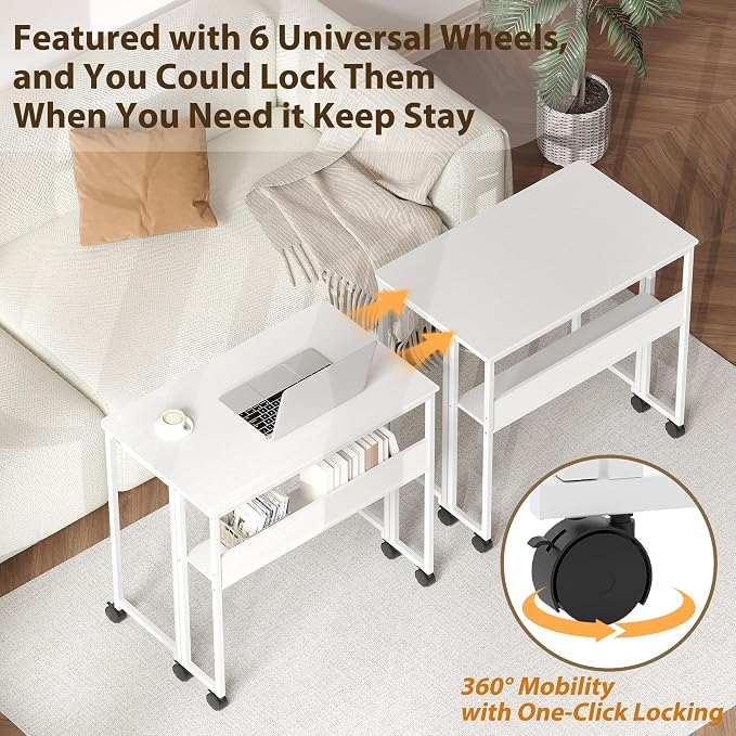 24.8" Folding Desk Rolling Desk with Storage Shelf,Space-Saving Foldable Computer Desk with Wheels,Portable Mobile Couch Sofa Side Table for Small Spaces, Home Office, Study, Easy Assembly,white