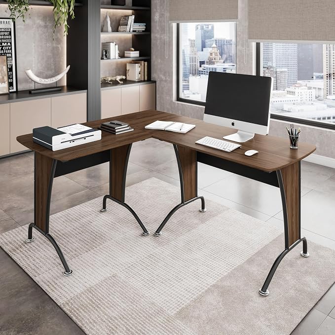 Techni Mobili Multi Configuration Desk, Reversible L-Shaped/Inline, Walnut | Corner Desk, Left/Right, Steel Frame, Spacious Work Area, Ideal for home office, Workspace organization