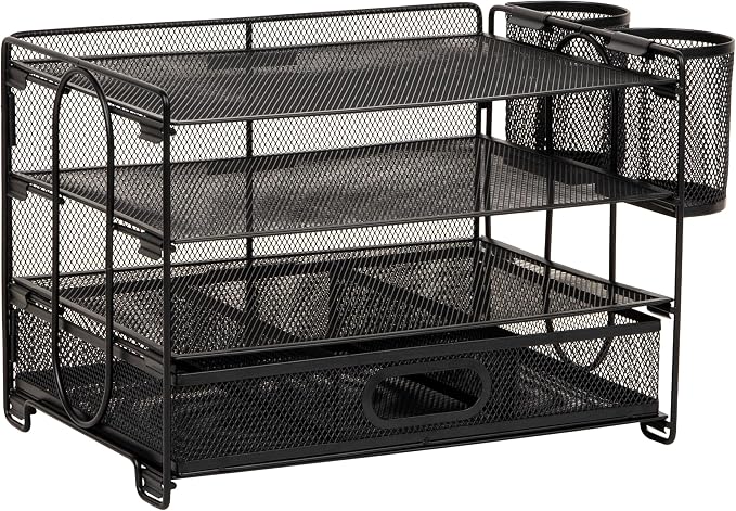 Mind Reader Mesh Desk Organizer, 3 Trays, 1 Drawer, 2 Pen Holders, Office Desktop Organizer, Metal Mesh, Black