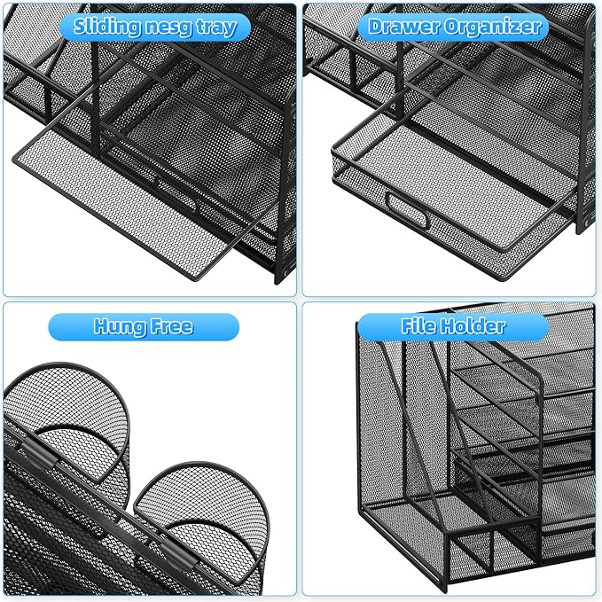 Lavatino Desk Organizer with File Holder, 5-Tier Paper Letter Tray Organizer with Sliding Drawer and 2 Pen Holder, Mesh Desktop File Organizer for Office Supplies (Black)