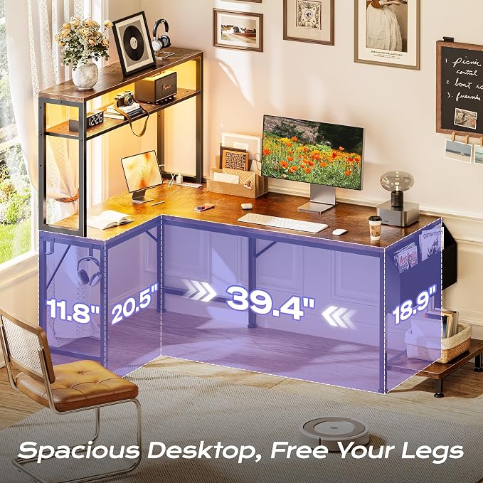 L Shaped Gaming Desk with LED Lights & Power Outlets | Reversible Computer Desk with Storage Shelves & Bag, Large Corner Home Office Desk for Work from Home, Rustic Brown