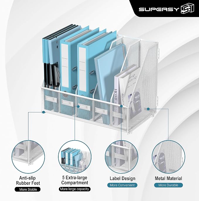 Desk Organizers Metal Desk Magazine File Holder with 5 Vertical Compartments Rack File Organizer for Office Desktop, Classroom, Home Workspace, White Plus