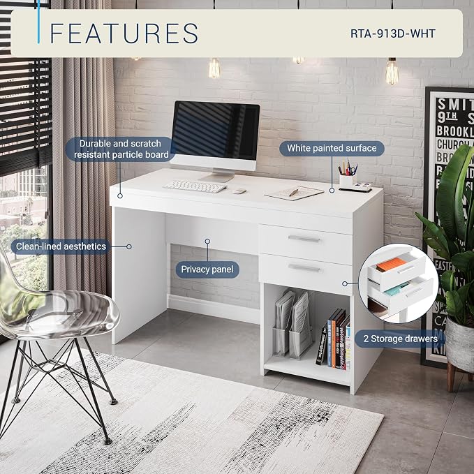 Techni Mobili 48 Inch Modern Compact Computer Desk with Drawers, White | 48 Inch modern desk with storage drawers, sturdy frame, compact design, ideal for bedrooms and home office workspaces