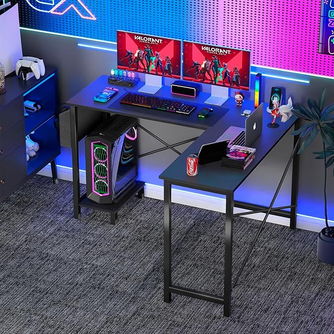 FDW 50 Inch L-Shaped Desk,Gaming Desk Computer Desk with Side Storage Bag & CPU Stand,Corner Desk for Home Office,Bedroom,Writing & Gaming,Black