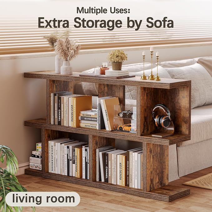 TIQLAB 47" Bookshelf, Open Bookcase Corner Shelf for Bedroom, Rustic Brown | horizontal bookshelf with 3 open shelves, for bedroom office living room, display rack tv stand long console table, rustic