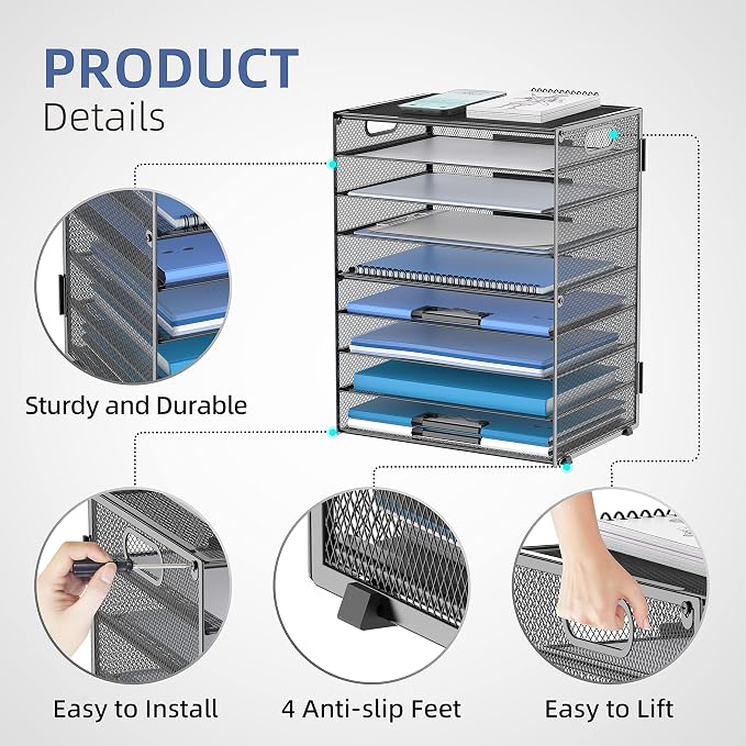 9-Tier Paper Organizer for Desk, Metal Mesh Letter Tray with Handles, Black | Desk File Organizer with Removable Trays for Sorting Files, Folders, Mail and Printer Paper at Home, School or Office