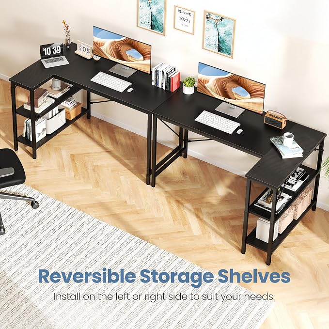DUMOS 47" L Shaped Computer Desk, Gaming Corner Desks with Storage Shelves | Home Office Working Desk, Writing Study PC Desk with Reversible Layout, Bedroom Dorm, Black