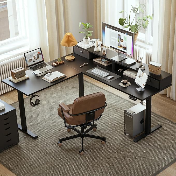 Agilestic 63 Inch L Shaped Electric Standing Desk with Drawer, Black | 2 Stroage Drawers, Monitor Shelf, Corner Desk, Ample Workspace, Memory Presets, Hooks, Stable Steel Frame,176 lbs