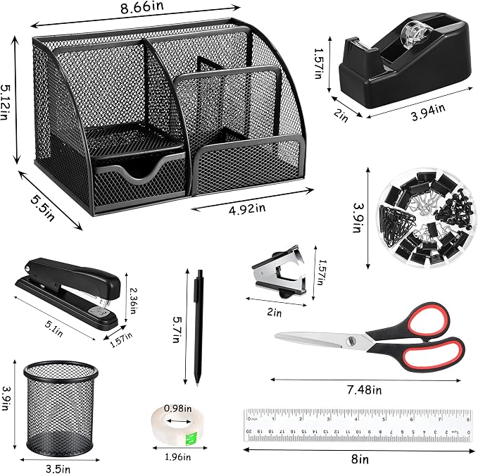 Black Office Desk Accessories Supplies, 12pcs Desk Organizers and Accessories with Tape dispenser and Stapler,Staples,Staple Remover,Pen Holder,Scissor,Ruler,Sticky Tabs,Tape,Ballpoint Pen,Clips Set