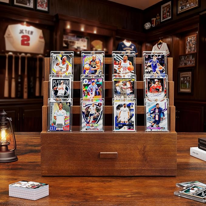 Emfogo Trading Card Display, 3-Tier Card Display Case with Custom Drawer, Wood Graded Card Display with Supporters and Dividers, Sports Card Display Case for Collection (Walnut)