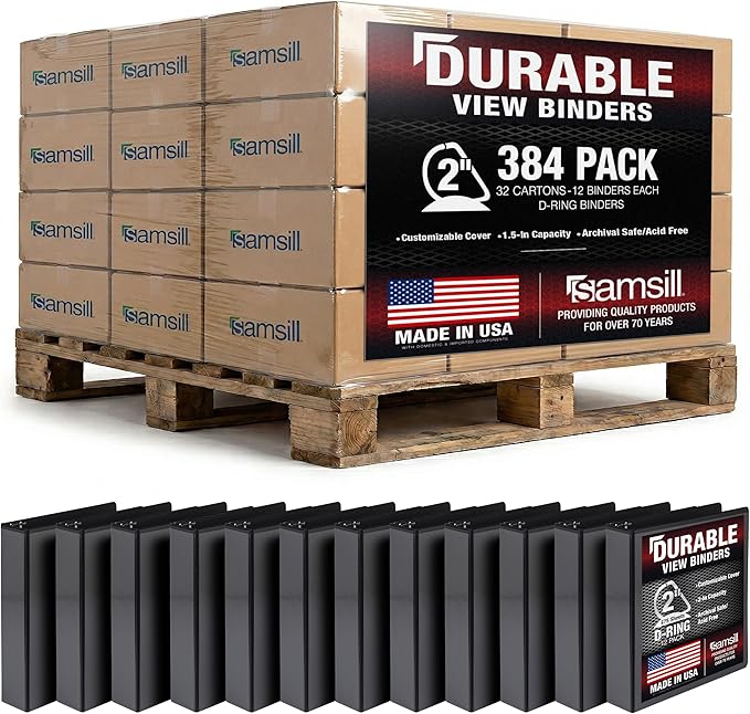 Samsill Durable 2 inch 3 Ring Binder, D Ring Binder, 100% Recycled Chipboard, Black, Pallet of 384 Binders in 32 Cartons