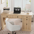 54" Fluted Home Office Desk, Oak Modern Executive Desk for Home Office | 1 File Drawer, 3 Drawers, Charging Station, Retro Metal Knob, Ball-Bearing Sliderails, Wooden Computer Desk, Writing Desk
