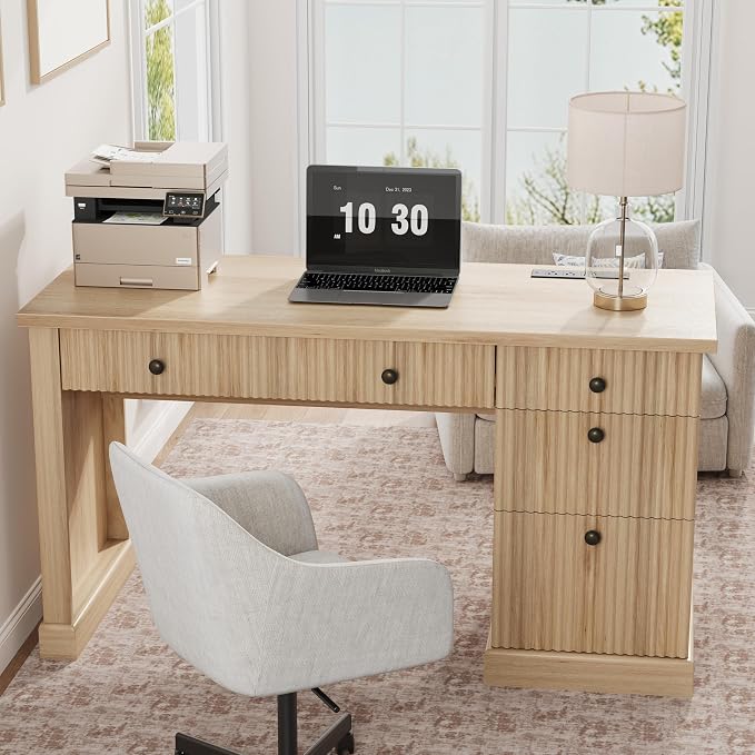 54" Fluted Home Office Desk, Oak Modern Executive Desk for Home Office | 1 File Drawer, 3 Drawers, Charging Station, Retro Metal Knob, Ball-Bearing Sliderails, Wooden Computer Desk, Writing Desk