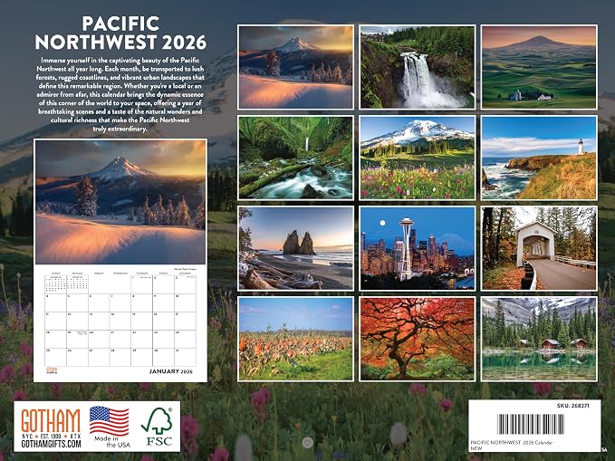 Pacific Northwest Calendar 2026 Wall 12 Month Monthly PNW Scenic Souvenirs Themed Gifts | American Made In The USA