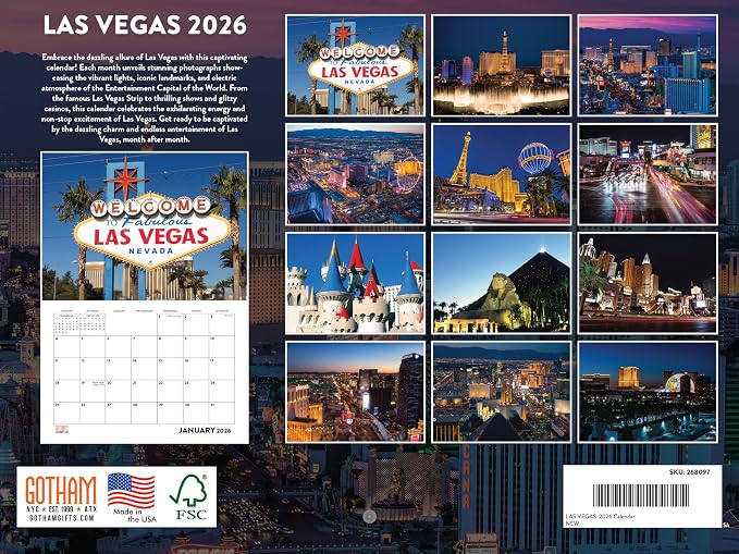 Las Vegas Calendar 2026 Wall 12 Month Monthly NV Scenic Souvenirs Themed Gifts | American Made In The USA