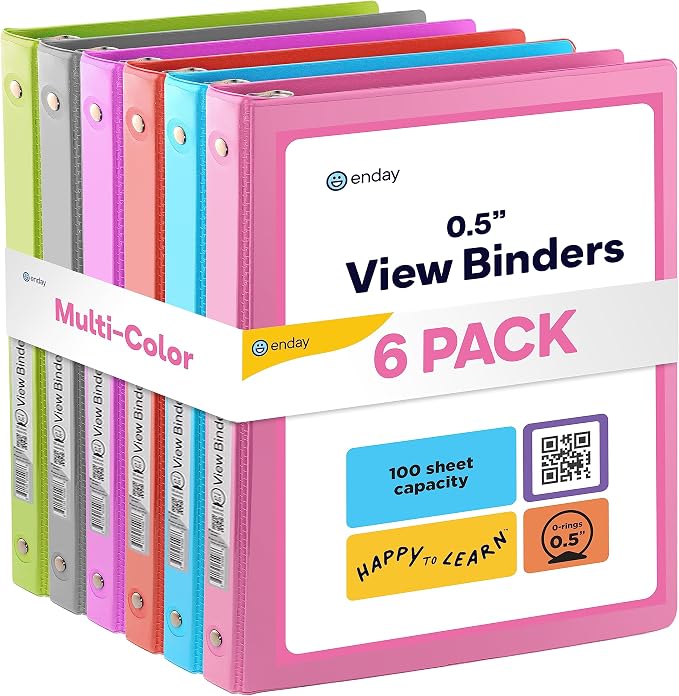Enday 1/2 inch Binder 3 Ring Binder (6 Pack - Assorted Colors) O-Ring Binder with Clear View Cover and 2 Inside Pocket - for Letter Size 8.5 x 11'' Paper, Ideal for School Supplies, Office, and Home