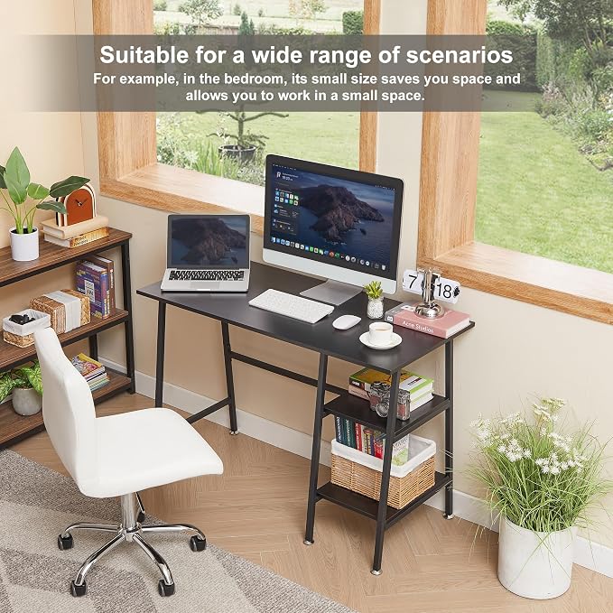 VECELO 43.1 Inch Computer Desk Home Office Black Study Desk Work Office Table with Shelves Wooden Desk for Bedroom
