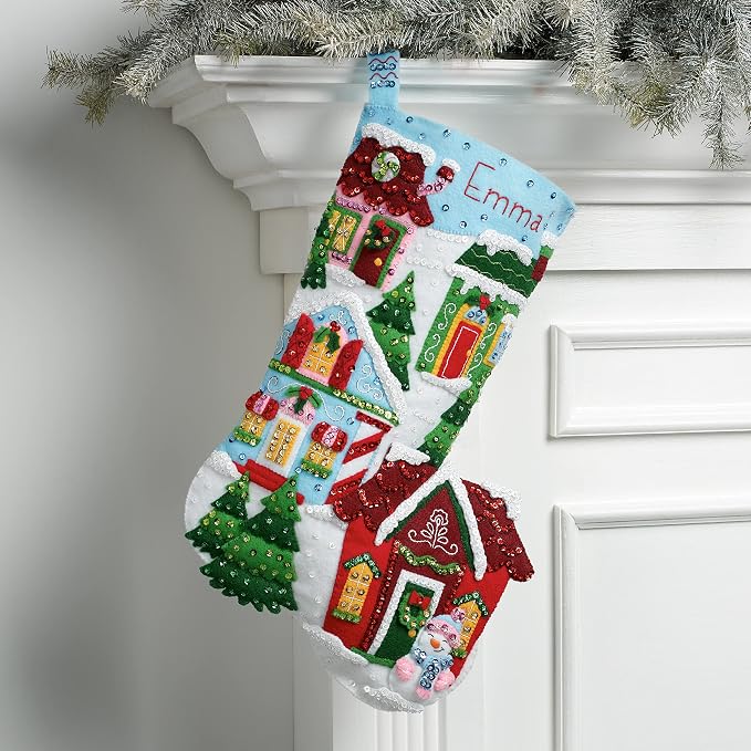 Bucilla Felt Applique 18" Stocking Making Kit, Christmas Town, Perfect for DIY Arts and Crafts, 89528E