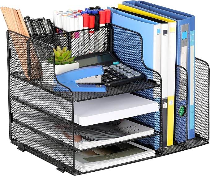 4-Tier Desk Organizer and Accessories with 2 File Holder Storage, Metal File Organizer for Desk with 2 Pen Holder, Office Organization for Paper, Document, Stationery Storage, Black